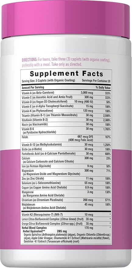 Carlyle Teen Multivitamin for Girls | 60 Caplets | Once Daily | Easy to Digest with Probiotics & Enzymes | with Iron | Non-GMO, Gluten Free