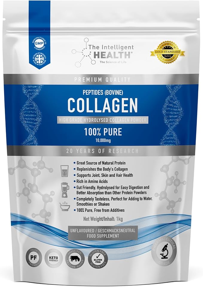 The Intelligent Health Hydrolyzed Collagen Peptides Powder, Grass Fed, High Protein, Unflavored, Gluten-Free, Paleo & Keto Friendly, 10g per Serving (1kg) Supports Skin, Hair, Nails, Joints, & Bones