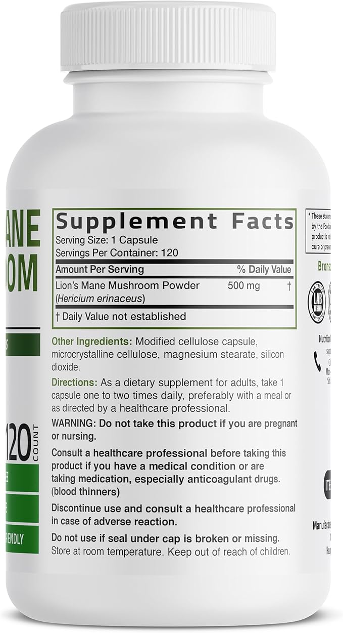 Bronson Lion's Mane Mushroom 500mg Hericium Erinaceus Non-GMO, 120 Vegetarian Capsules