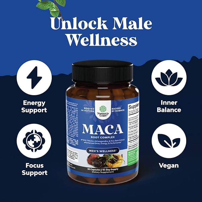 Potent Black Maca Root Capsules for Men - Herbal Wellness Supplement with Siberian Ginseng Ashwagandha and Black Maca Root - Men’s Wellness Supplement to Support General Health - 30 Count