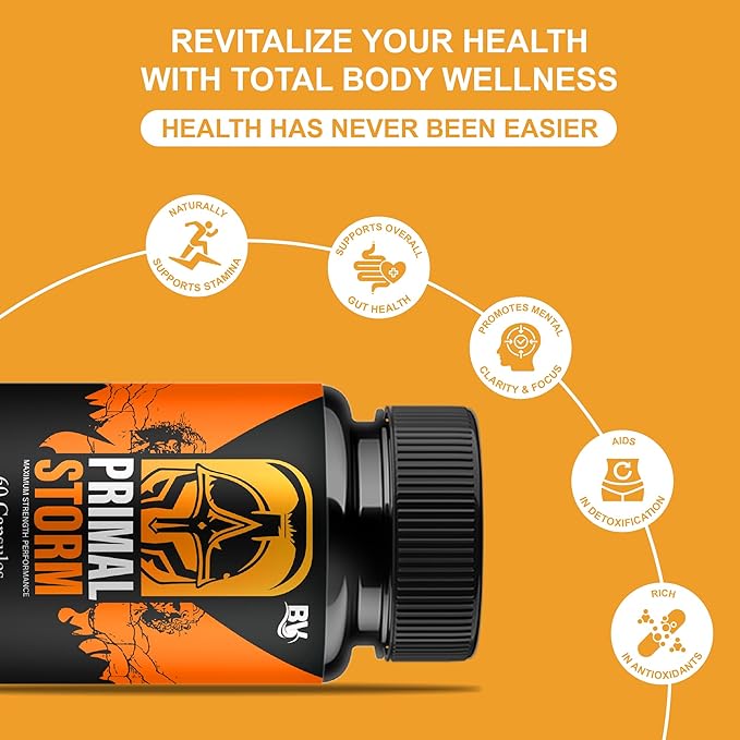 BLUE VIBE Primal Storm Maximum Strength Performance Supplement, PrimalStorm Maximum Strength Daily Overall Health Management Support Supplement, Primal Storm Premium Support (2 Pack - 120 Capsules)