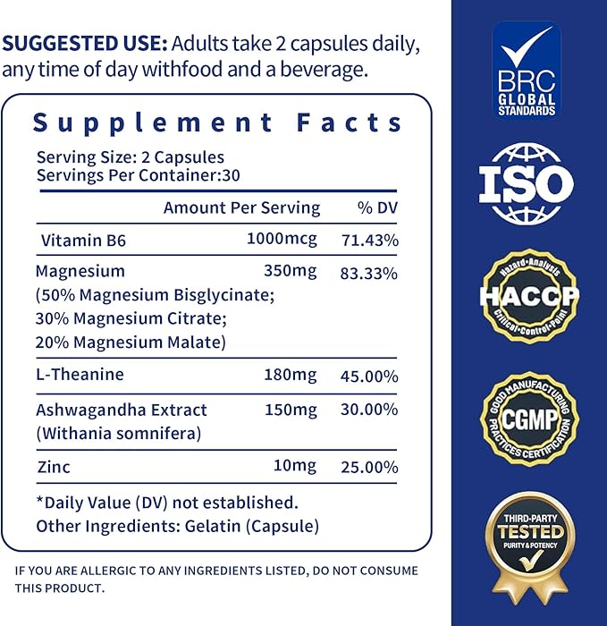 Magnesium Complex Supplement 350 mg - 120 Capsules - with Glycinate L-Theanine Ashwagandha & Zinc, Vegan - 60 Servings