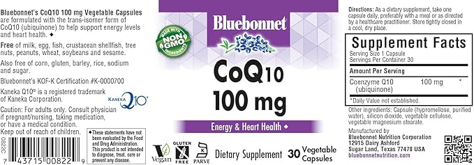 Bluebonnet CoQ-10 Vegetarian Capsules, 100 mg, 30 Count