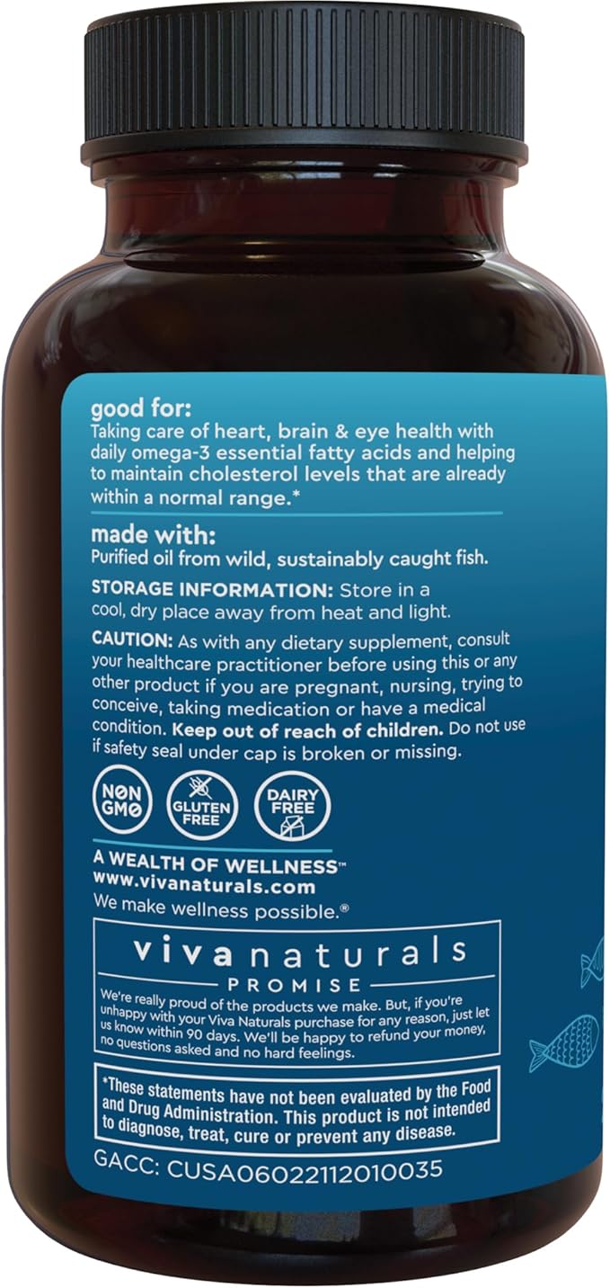 Viva Naturals Omega 3 Fish Oil Supplement for Women and Men - 2500 mg Triple Strength Fish Oil Pills with Re-Esterified Omega 3 Fatty Acids Including EPA, DHA DPA - 240 Pescatarian-Friendly Softgels
