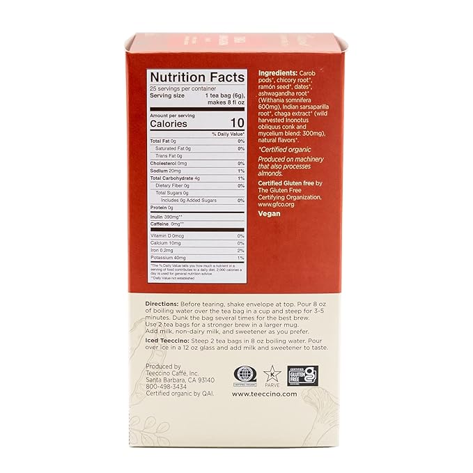 Teeccino Chaga Ashwagandha Tea - Butterscotch Cream - 25 Tea Bags - Organic Mushroom Adaptogenic Herbal Tea, 3x More Herbs than Regular TeaBags, Prebiotic, Caffeine Free, Gluten Free - (Pack of 3)