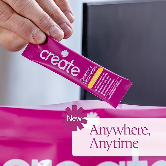 Create Creatine + Electrolytes Mix - Creatine Monohydrate Stick Packs, Supports Energy and Hydration, NSF Certified for Sport, 30 Count, Passion Fruit