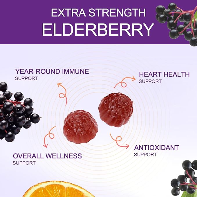 120 Gummies Sambucus Elderberry Gummies - Immune Support for Adults and kids 4+ 5 in 1 with Vitamin C, Zinc, Yeast β-glucan, Probiotics Complex, Nature Elderberry Supplement, Non-GMO, Gluten Free