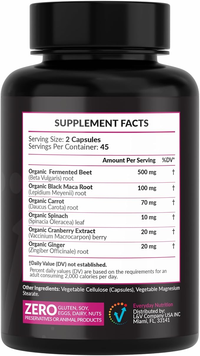 Organic Fermented Beet Root & Black Maca Capsules with Carrot, Spinach, Cranberry & Ginger | Superfood for Energy, Stamina & Wellness | 90 Veggie Capsules | Made in USA