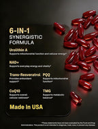 Urolithin A Supplement with Liposomal NAD+, Trans-Resveratrol, Ubiquinol, TMG, PQQ, 6-in-1 Formula for Cellular Energy & Mitochondrial Support, 120 Softgels