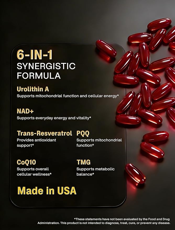 Urolithin A Supplement with Liposomal NAD+, Trans-Resveratrol, Ubiquinol, TMG, PQQ, 6-in-1 Formula for Cellular Energy & Mitochondrial Support, 120 Softgels