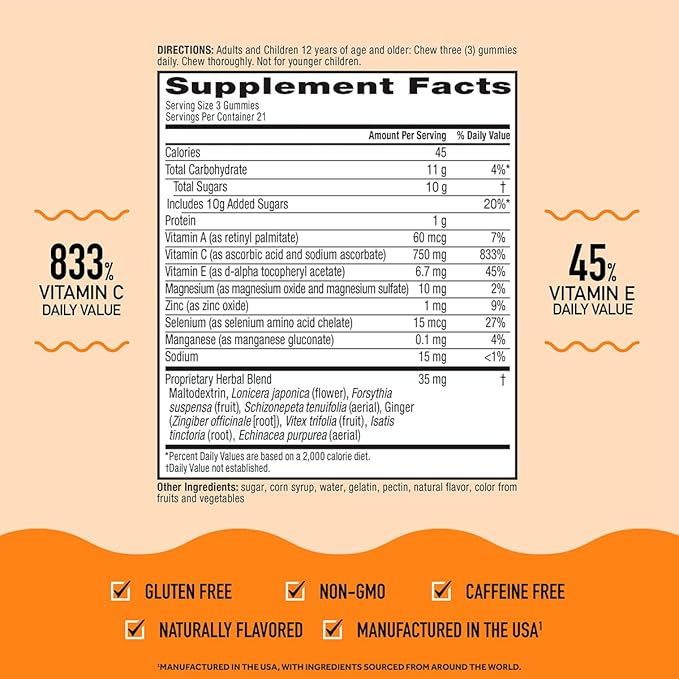 Airborne 750mg Vitamin C Immune Support Supplement Gummies for Adults, Assorted Fruit Flavor, Gluten Free Crafted Blend with Powerful Antioxidants Vitamins A C & E, 42 Gummies (4 Pack)