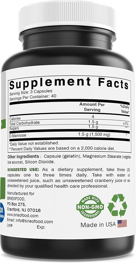 Brieofood D-Mannose Capsules - Urinary Tract Health- 1500mg Per Serving - 120 Capsules