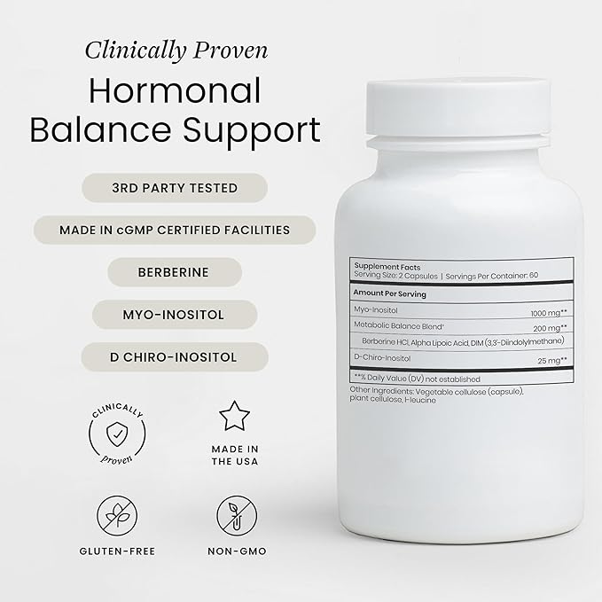 Perelel Hormone Balance Support, Myo & D Chiro Inositol, Womens Inositol Supplement with Berberine, Alpha Lipoic Acid, & Dim to Support Female Health, Soy, Dairy & Gluten Free, Non GMO, 120 Capsules