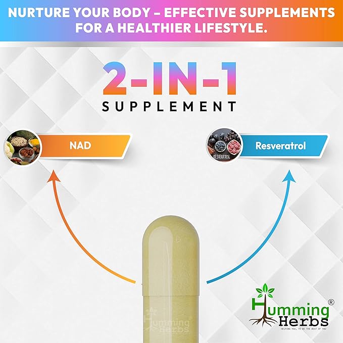 Humming Herbs NAD+ with Trans‑Resveratrol 600 mg per Serving. NAD Booster, Cellular Energy & Metabolism Support — 90 Vegetarian Capsules