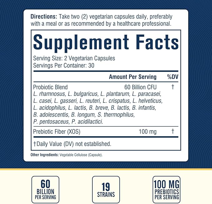 Probiotic 60 Billion 19 Strains with Organic Prebiotic for Men & Women, Digestive & Immune Health, Non-GMO, No Dairy, Shelf Stable, Delayed Release, 60 Vegan Caps