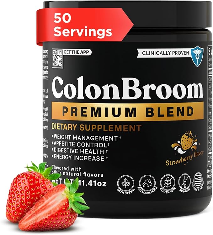 ColonBroom Premium Powder Supplement (Strawberry, 50 Servings) - Colon Broom Psyllium Husk Fiber Powder Drink - Gluten Free, Non-GMO Colon Cleanse for Bloating Relief & Gut Health