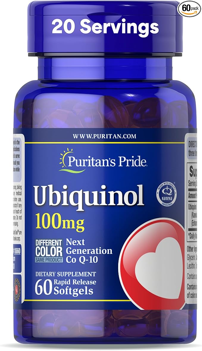 Puritan's Pride Next Gen Ubiquinol Coenzyme CoQ10 100mg, Dietary Supplement for Heart Health, Blood Pressure, Oral Gum Health, Aging and Cellular Energy Support, 60 Servings, Rapid Release Softgels