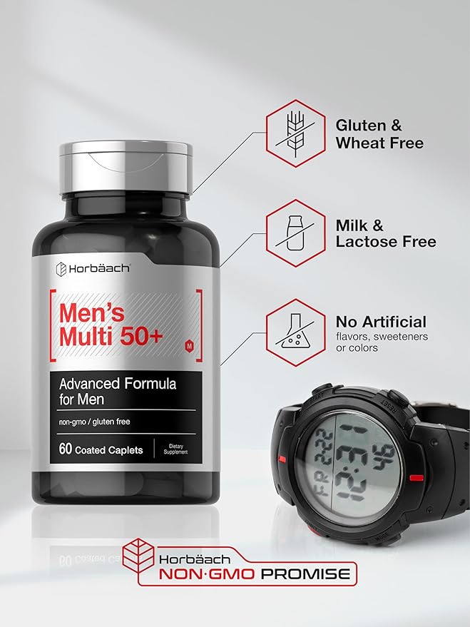 Horbäach Mens Multivitamins 50 Plus | 60 Caplets | with Calcium, Magnesium, Vitamin A, B, C, D & E | 50+ Advanced Formula | Non-GMO & Gluten Free Supplement