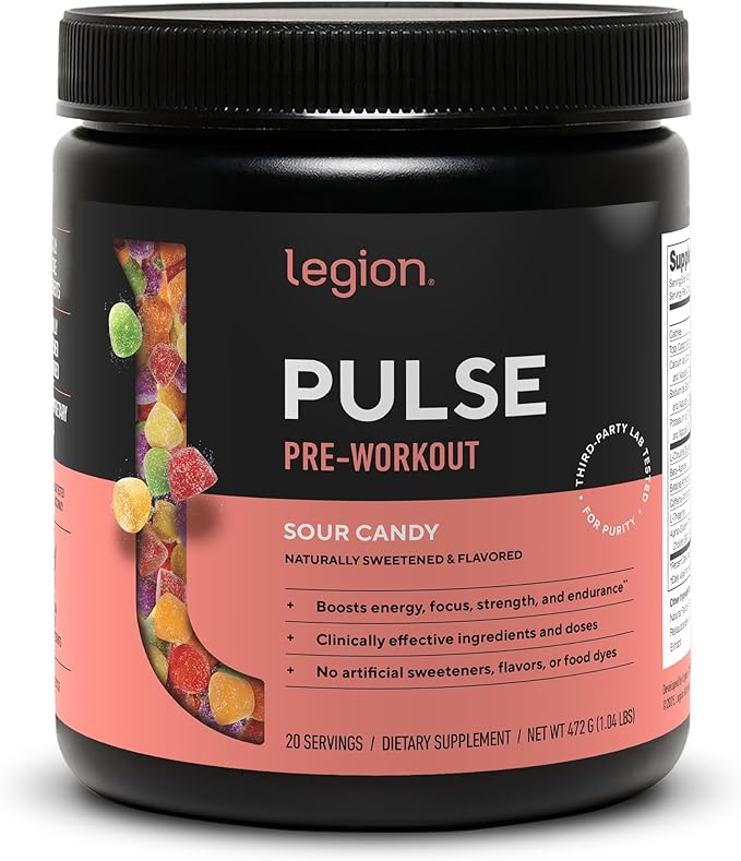 LEGION Pulse Pre Workout - All Natural Nitric Oxide Preworkout Drink to Boost Energy, Creatine Free, Naturally Sweetened, Beta Alanine, Citrulline, Alpha GPC (Sour Candy)