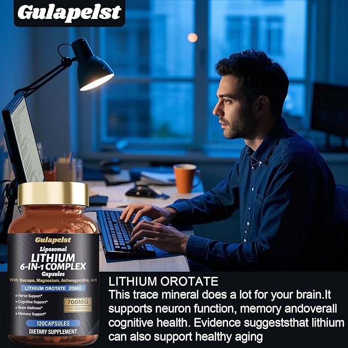 Lisopomal Lithium Orotate Complex Capsules, Lithium Orotate 20 mg, Magnesium Glycinate & Ashwagandha, Brain Health Supplements for Cognitive, Mood & Memory – Non-GMO, 120 Vegan Capsules