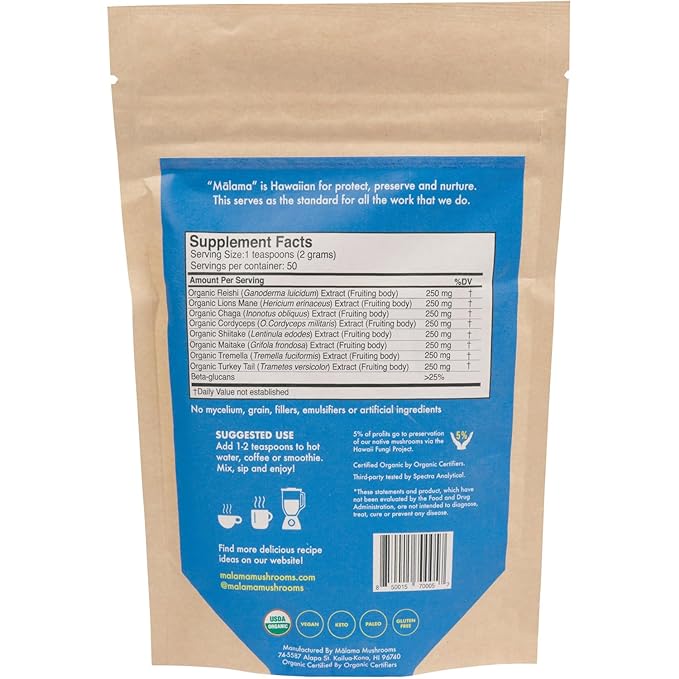 8-Mushroom Extract Powder by Malama, Organic Body Mushroom Blend Featuring Lion's Mane, Reishi, Cordyceps, Chaga, Turkey Tail, Superfood Adaptogenic