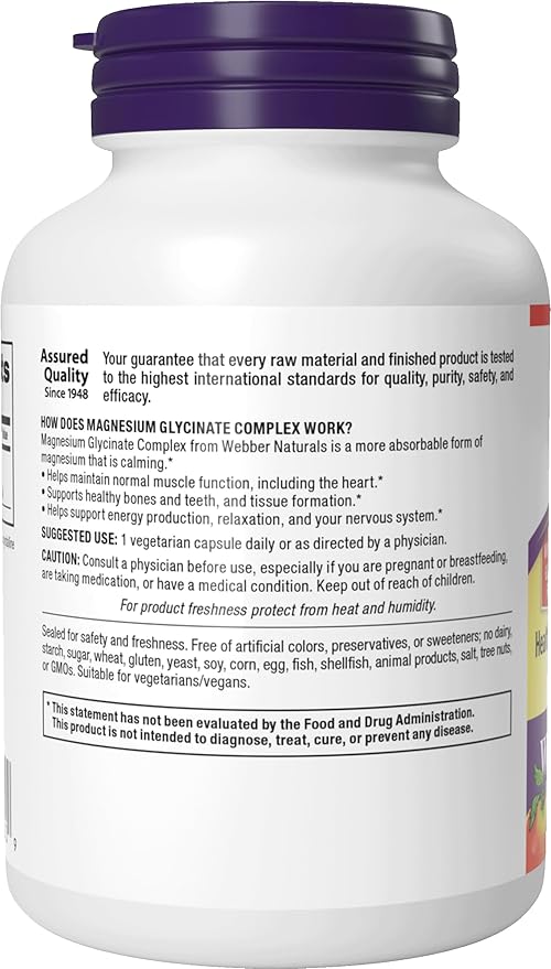 Webber Naturals Magnesium Glycinate Complex 200 mg, 120 Vegetarian Capsules, High Absorption Formula, Supports Bones, Heart, Muscles & Nerves, One-per-Day, Vegan, New Label!