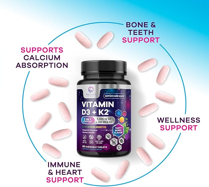 Vitamin D3 K2 - 5000 iu Vitamin D3 & 100 mcg Vitamin K2 (MK-7) per Serving - Calcium Absorption, Bone & Heart Health Support - Berry Chewable, Gluten Free, Non-GMO, Bottled in USA - 60 Tablets