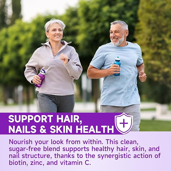 Sugar Free Biotin Hair, Skin & Nails Gummies, Supports Healthy Hair, Skin and Stronger Nails, with Vitamin C, Zinc Chewable Vitamin B7 Supplements for Women & Men, Vegan, Non-GMO, Grape, 60 Count