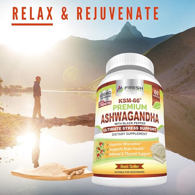 FRESH HEALTHCARE Ashwagandha Capsules KSM-66 1200mg Pure Root Extract with Black Pepper for High Absorption - Potent Ashwagandha Supplement - 60 Vegan Capsules