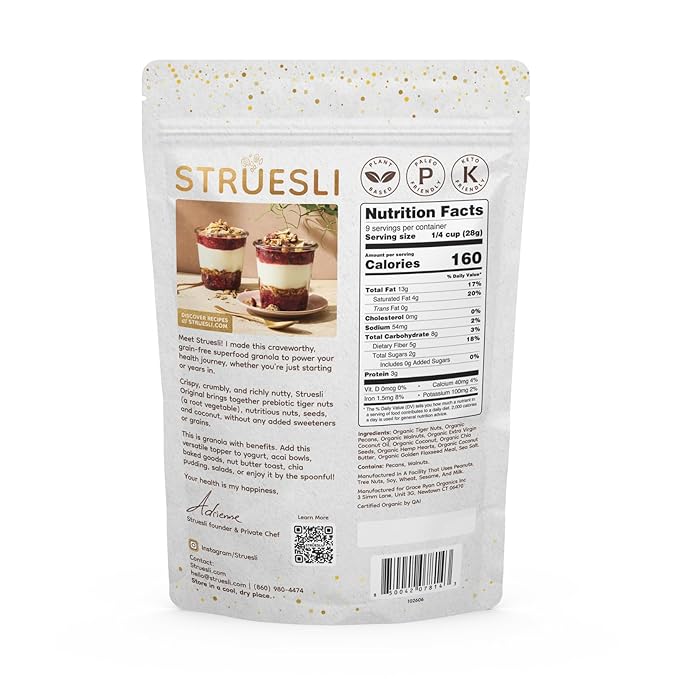 Struesli Original Organic Granola, Grain & Gluten Free, Healthy Snacks with Chia Seeds, Nuts and Sea Salt, Prebiotic High Fiber Food for Yogurt, Cereal & More, Plant Based, Keto & Paleo Friendly, 9 Oz