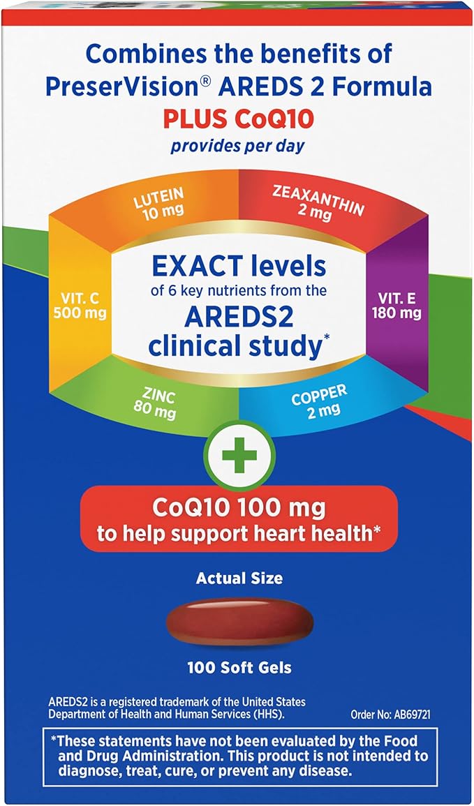 PreserVision AREDS 2 Eye Vitamins with CoQ10 for Heart Health, #1 Eye Doctor Recommended Brand, Lutein and Zeaxanthin Supplement with Vitamin C & E, Zinc, and Copper, 100 Softgels