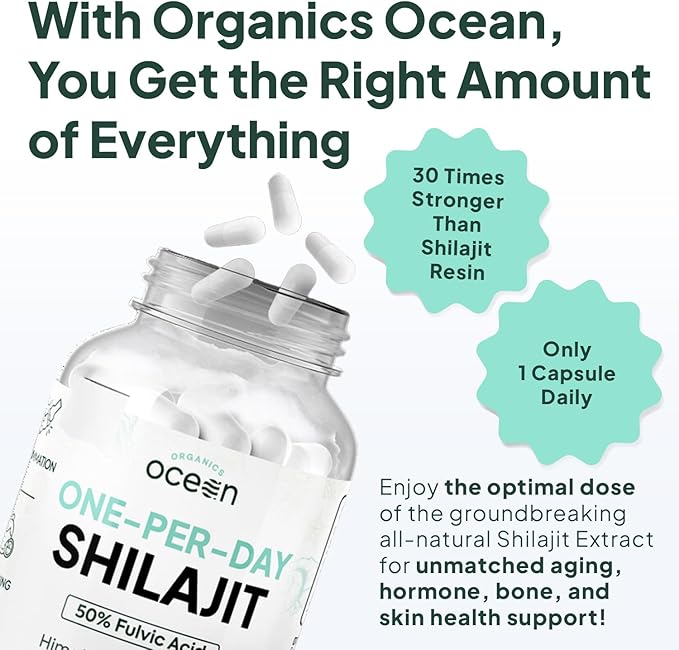 Organics Ocean One-Per-Day Shilajit for Men and Women - Natural and Potent Shilajit Supplement for Age-Defying, Bone Strength, Hormone Support and More - 6 Bottles Capsules