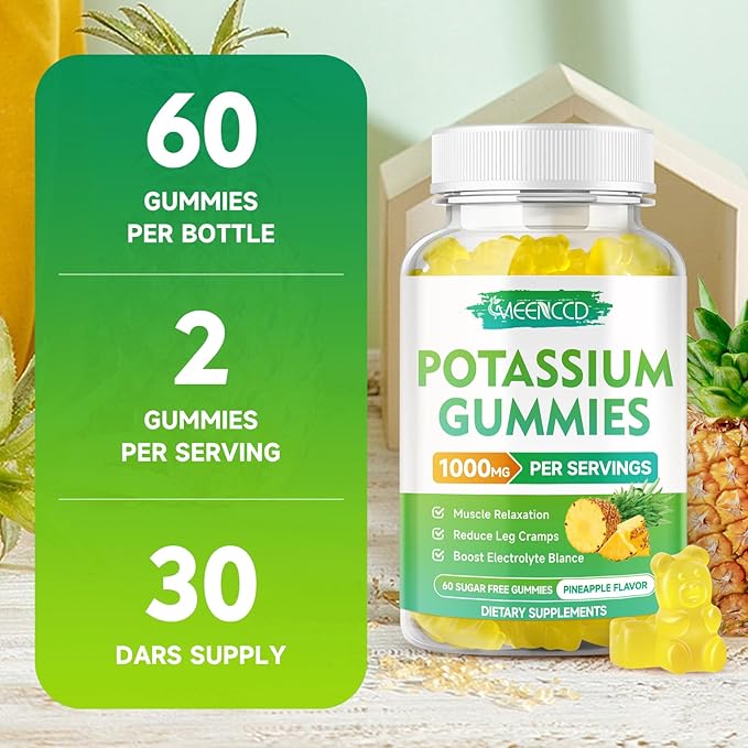 Potassium Citrate Gummies 1000mg, High Potency Potassium Supplement Gummies for Adults Women & Men, Support Muscle Health, Sugar-Free, Pineapple Flavor, 60 Count