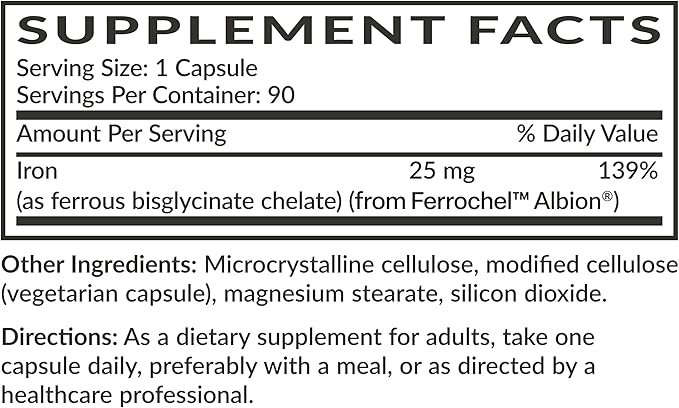 Futurebiotics Iron Bisglycinate 25mg Gentle on The Stomach, Supports Energy & Healthy Red Blood Cell Production - Non-Constipating Formula - Non GMO, 90 Vegetarian Capsules