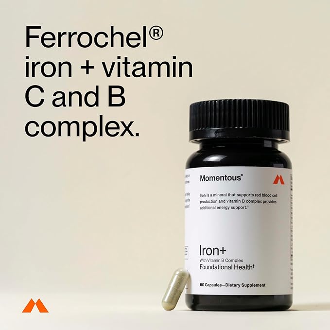 Momentous Iron+ with Vitamin C & Vitamin B Complex - Ferrochel Iron Capsules for Foundational Health Support - NSF Certified for Sport - Gluten-Free - 60 Servings