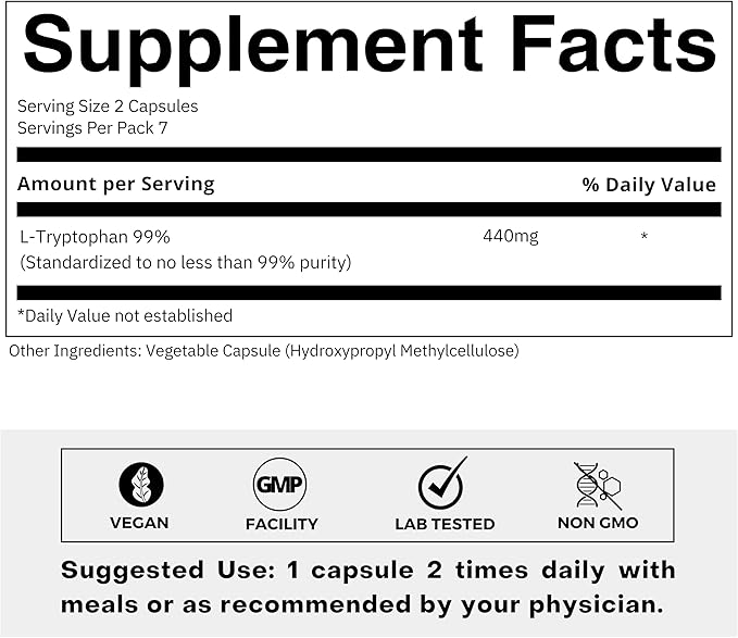 Clean Label L Tryptophan Supplement 220mg – Essential Amino Acid – Supports Restful Sleep and Relaxation - (7 Day Trial Pack)