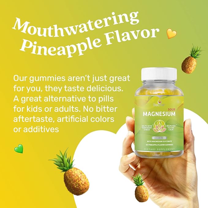 BeLive Magnesium Glycinate Gummies 200 mg - Sugar Free Supplement for Muscle Relaxation, Sleep Support, & Heart Health for Adults & Kids - Pineapple Flavor - 5 Pack, 300 Count
