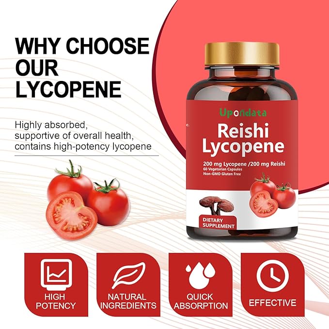 Lycopene Capsules, Natural Lycopene 200mg with Organic Reishi Mushroom 200mg Supplement for Prostate Health and Immune Support - Gluten-Free, Non-GMO, 60 Capsules (1 Pack)