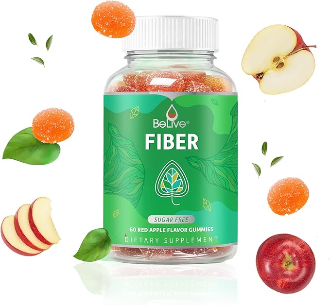 BeLive Fiber Gummies - Sugar Free Prebiotic Digestive Health and Regularity Supplement - Chicory Root & Inulin - for Adults and Kids - Apple Flavor - 60 Count