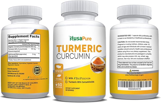 NusaPure Turmeric Curcumin 600 mg 60 Capsules Turmeric 95% Curcuminoids Dietary Supplement
