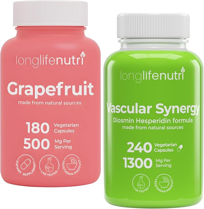 LongLifeNutri Grapefruit Seed Extract 500 mg + Vascular Synergy (Diosmin Hesperidin Complex) 1300 mg Bundle - 180 + 240 Capsules, 6-4 Month Supply, Daily Energy & Vein Support, Made in USA