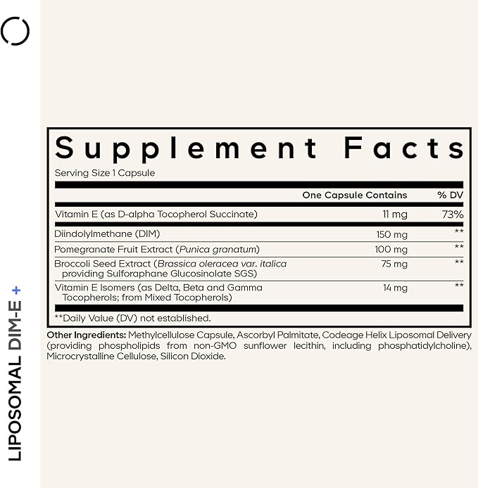 Codeage Liposomal DIM Supplement - 4 Months Supply of DIM Vitamins and SGS, Pomegranate, Broccoli, Vitamin E Isomers Tocopherols Alpha Beta Gamma Delta - Liposomal Formula - Gluten-Free - 120 Capsules