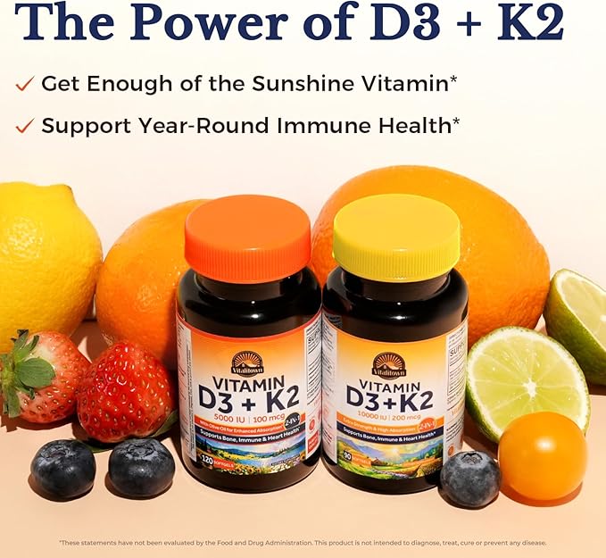 Vitalitown Vitamin D3 K2 Supplement, D3 5000 IU, Vitamin K2 MK-7 100 mcg, Non-GMO, No Gluten & Soy, for Bone, Teeth, Immune & Heart Health, 120 Softgels