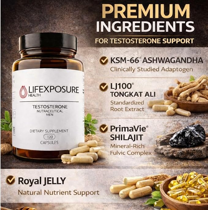Natural Testosterone Supplement for Men - KSM-66 Ashwagandha, LJ100 Tongkat Ali, PrimaVie Shilajit, Royal Jelly, GG-Gold - Energy, Stamina, & Muscle Support Supplement - 120 Capsules