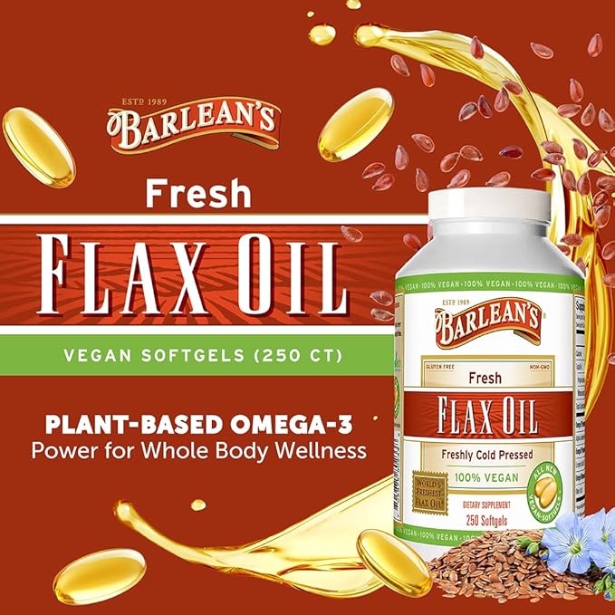Barlean's Vegan Flaxseed Oil Supplements, Cold-Pressed Flax Seed Supplement Softgels with 1650 mg ALA Fatty Acids, 250 Count