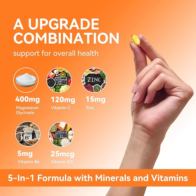Magnesium Glycinate Supplement Softgels, Magnesium Glycinate 400mg with Zinc, Vitamin B6, C, D3, Pure Magnesium for Sleep, Calm, Muscle, Energy, Heart Support - 60 Vegan Capsules for Women & Men