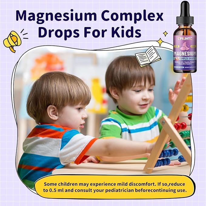 Kids Magnesium Liquid Drops-Magnesium Glycinate Liquid for Kids Supplement-w/L-theanine, Omega-3, Vitamin B6, D3 - for Sleep, Relaxation, Brain, Bones - 2 Fl Oz Children's Calm, Strawberry Flavor