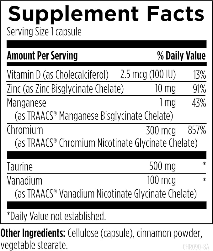 Designs for Health Chromium Synergy - Non-GMO Chromium Nicotinate Glycinate Chelate Supplement with Vanadium, Vitamin D, Manganese, Zinc + Taurine - Cinnamon Powder Base (90 Capsules)