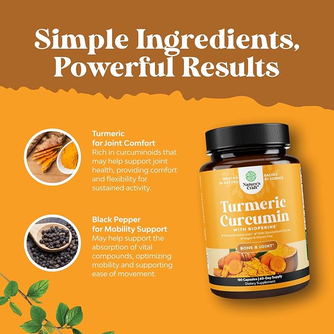 Turmeric Curcumin with Black Pepper Extract - Joint Health Turmeric Supplement with 95% Curcuminoids - Daily Joint Support Supplement with Turmeric and Bioperine for Enhanced Absorption - 180 Count