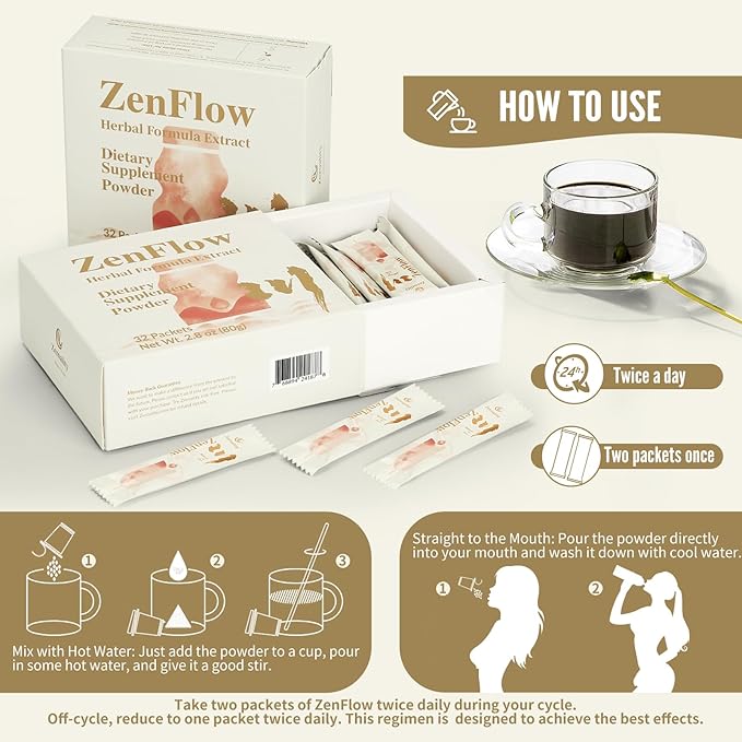 ZenFlow, PMS and Menstrual Support Supplement, Traditional Chinese Herbal Formula, Promote Healthy Uterus, Promote Urogenital Function, Women's Health, (128 Packets - 4 Boxes) (4)